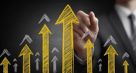 A person in a suit sketches upward-pointing arrows on a dark surface, symbolizing progress and improvement