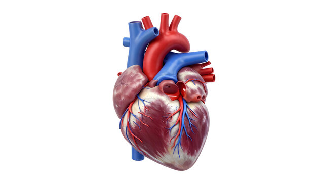 Detailed anatomical model of the human heart with arteries and veins on a white background