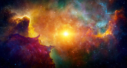  Colorful cosmic nebula with a bright star core and dense clouds of interstellar gas and dust in deep space. Digital space collage. Elements of this image furnished by NASA.