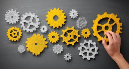 A person's hand interacting with yellow and gray gear illustrations on a dark background, representing teamwork and functionality