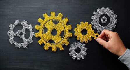 A person's hand is placing a small gear into a set of larger gears, with yellow and grey-toned components on a dark background