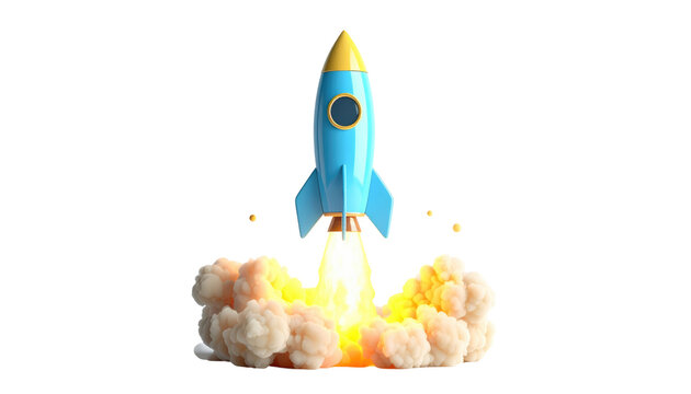 A vibrant rocket ship ascends, launching with fiery exhaust and a cloud of smoke against a stark black background