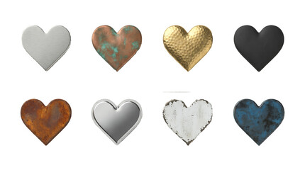 Fototapeta premium Heart shape metal symbols set including chrome, copper, gold, matte black, rusty, silver, worn white, and blue steel variants isolated. Romantic craft and jewelry design collection.