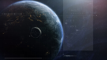 Cinematic view of Earth from space with a clean futuristic HUD overlay, blending real planetary detail with sci-fi interface elements for aerospace, surveillance, and exploration themes © Kittiphat
