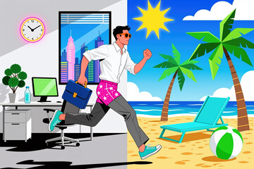 Fototapeta premium Dynamic illustration of man rushing from office to beach, showcasing contrast between work and leisure.