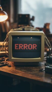Old fashioned computer screen on a workbench showing a red, pixelated error message, symbolizing a system failure or technical malfunction in a retro electronics workshop environment