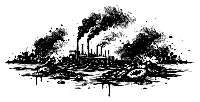 Gritty black and white industrial landscape with factory smoke and garbage landfill