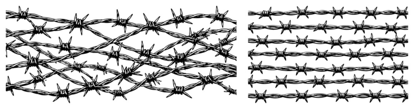 Detailed black and white vector set of barbed wire borders and patterns