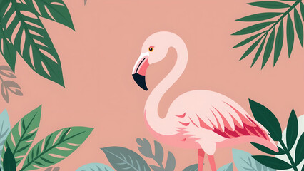 Pink Flamingo Portrait with Tropical Leaves Minimalist Illustration