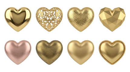 Fototapeta premium Gold heart set including filigree, hammered, low poly, brushed, and rope border styles isolated. Elegant jewelry and romantic decor collection.