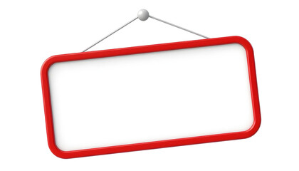Blank red framed sign hanging on a white background with a simple string and ball