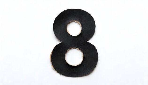 Black number 8 cut out of cardboard with rough edges on white background