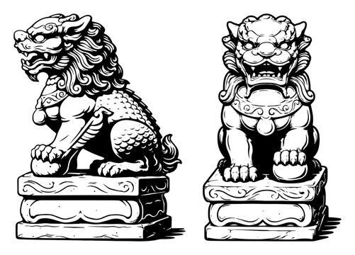 Traditional Chinese guardian lion statues or foo dogs on ornate stone pedestals in woodcut style
