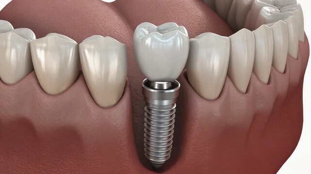Anatomical 3D illustration of a single dental implant system with a molar crown abutment and titanium screw placed securely within the gum and jaw structure representing innovative prosthetic