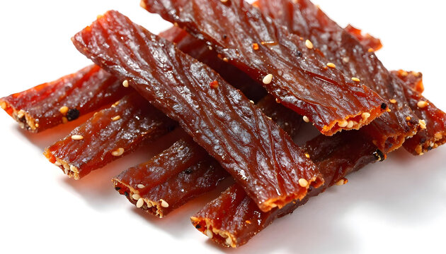 Close-up of delicious beef jerky strips seasoned with sesame seeds and spices