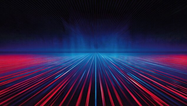 A vibrant abstract composition with converging linear elements, creating an illusion of depth and movement. Primarily red and blue hues