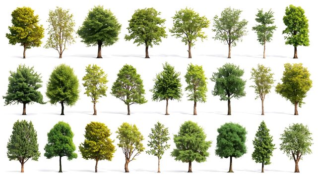 Variety of trees isolated on a background, a collection of different tree types in a row