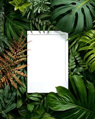 Fototapeta premium A blank white picture frame surrounded by lush green tropical leaves