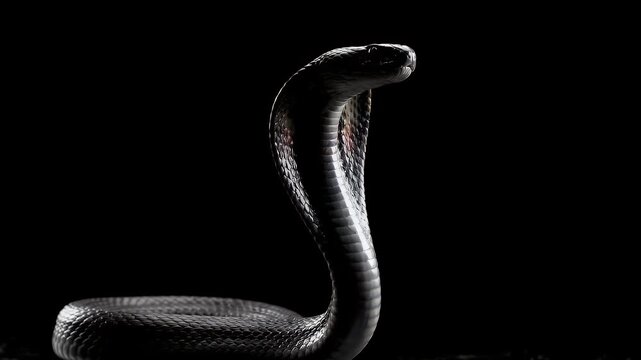 Dramatic Cobra with Black Scales and Hood Displayed Against a Dark Background for Wildlife Awareness in Nature