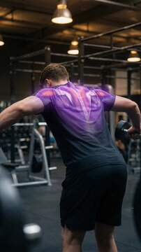 Man Performing Bent Over Dumbbell Rear Delt Fly Exercise in Gym with Muscle Highlighted