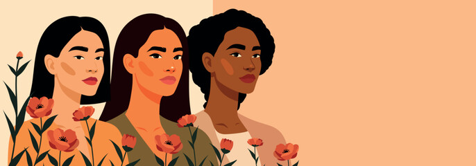 International Women's Day, March 8. Women of different cultures and nationalities stand together against a floral background. Vector banner with space for text. Symbol of diversity, unity, empowerment