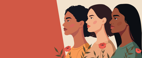 International Women's Day, March 8. Women of different cultures, nationalities standing stogether against backdrop flowers. Vector banner with space for text. Symbol diversity, unity, empowerment