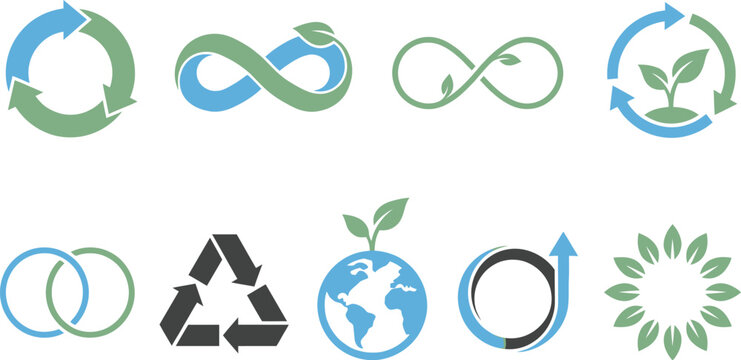 Circular economy sustainability loops with arrows Mobius infinity vine in sky blue sage green charcoal for recycling renewable branding design