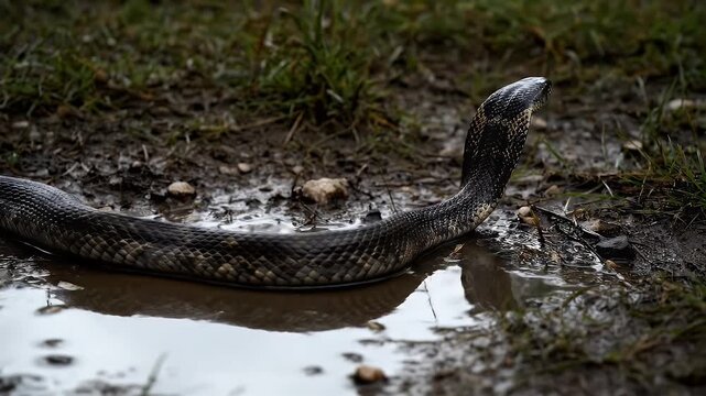 Eastern Hognose Snake Defensively Coiled in Muddy Terrain With Reflection and Natural Lighting in Outdoor Setting For