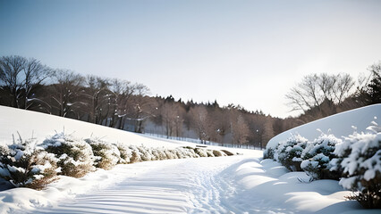 Snowy path leading through winter landscape with frosted trees  