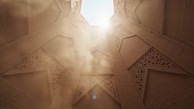 Sunbeams illuminating ornate geometric patterns within a grand architectural interior