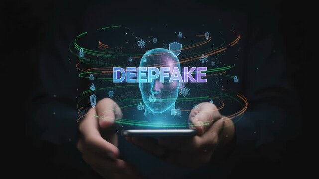 Futuristic concept of deepfake technology with a holographic human face and the word deepfake projecting from a smartphone held by a person, representing ai manipulation and cybersecurity threats