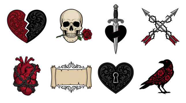 Gothic romance illustration set including filigree hearts, skull with rose, dagger, crossed arrows, anatomical heart, scroll, and crow isolated. Dark aesthetic and tattoo design collection.
