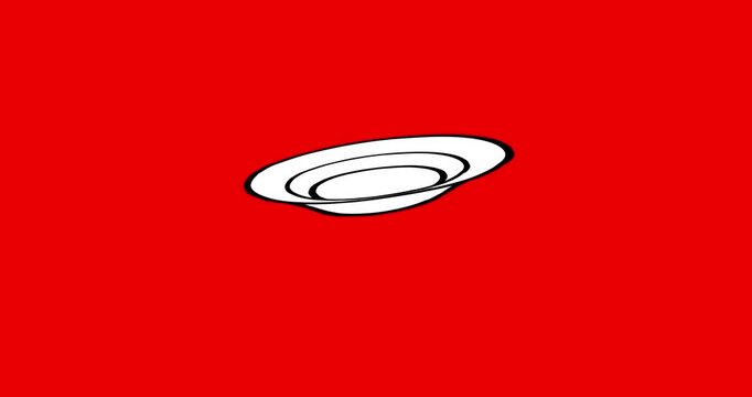 White plate rotating animation on red screen background. Cartoon linear black contour animated element orbiting redbox isolated.