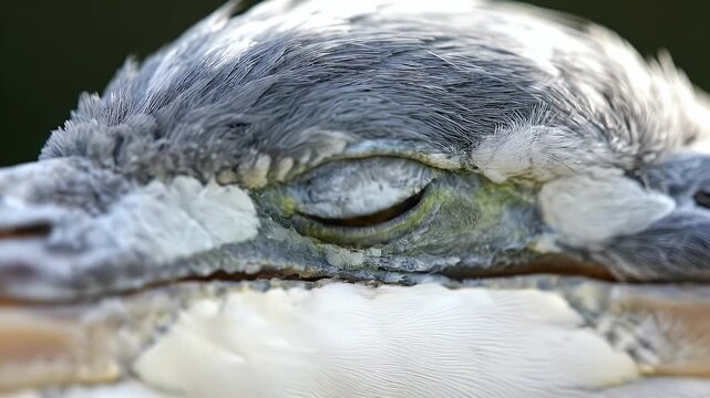 Extreme Close-Up of Heron's Eye with Detailed Feathers and Beak, Focusing on the Anatomy and Texture in Natural Light