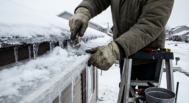 Worker removing ice from frozen roof gutter in winter