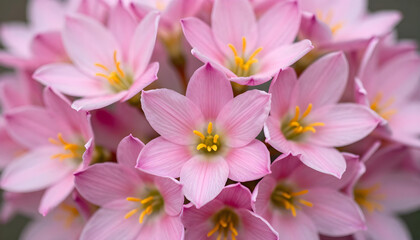 Obraz premium Delicate pink rain lilies bloom in a soft, natural cluster with yellow stamens visible