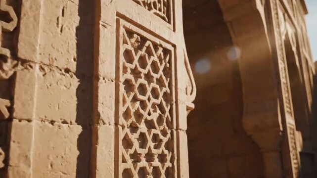Golden sunlight illuminates a meticulously carved ancient stone wall, highlighting intricate geometric patterns within historic architectural detail and timeless craftsmanship