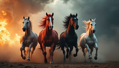Four horses of different colors gallop together creating dust clouds. One horse is white, one is bay, one is black, one is chestnut. They run from left to right under dramatic sky with fire on left.