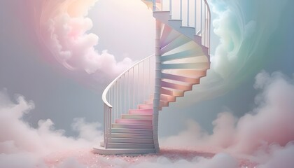 Surreal spiral staircase floating among soft clouds in pastel sky
