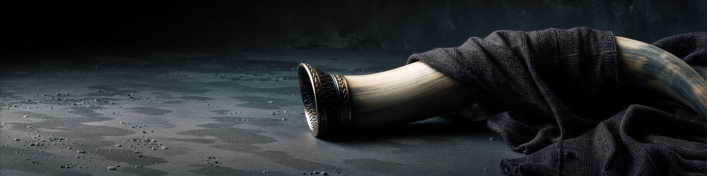 Traditional Shofar ram horn with dark cloth on black background. Jewish holiday Rosh Hashanah concept. Copy space