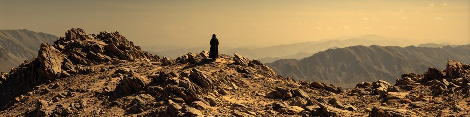 Silhouette of man in robe standing on mountain peak. Spiritual figure overlooking vast desert landscape at sunset
