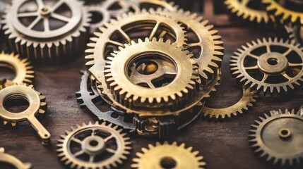 A close up of polished brass gears and cogs showing intricate mechanical details and vintage appeal