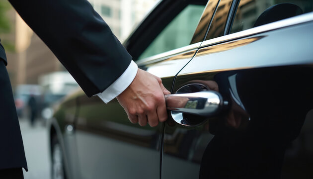 Man in black suit opens luxury car door. Person with wristwatch, cufflink, closes car door handle. Upscale transport, chauffeur service, business travel.
