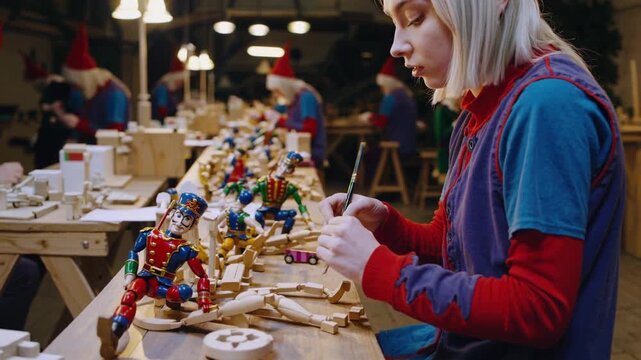 Busy Christmas elves sitting at long wooden tables diligently hand painting traditional wooden nutcracker toys in Santa's bustling workshop