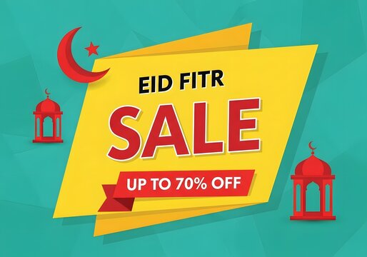 A vibrant Eid Fitr sale advertisement with a yellow banner and red graphics