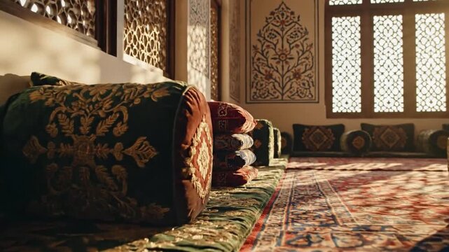 Interior of a grand, ornate room with patterned cushions and carpets, inspired by Middle Eastern or Asian design