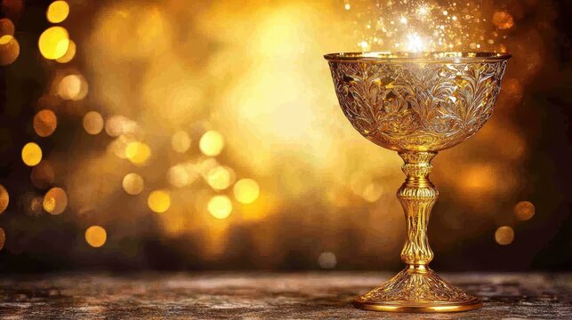 A golden chalice with intricate engravings sits on a wooden surface illuminated by glowing bokeh lights