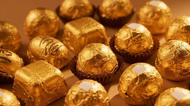 Close up of golden wrapped chocolate candies arranged on a surface