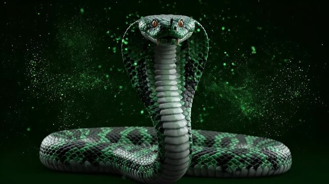 Green Cobra Snake with Black Pattern on Dark Green Background Aggressive Posture with Hood Spread Used for
