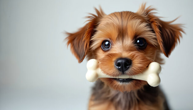 Small terrier dog holds bone in mouth on plain background. Cute puppy with toy, happy pet, canine reward, playful behavior. Isolated canine animal, fun photo.